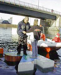 Schwimmende Buchstaben im Hafen
